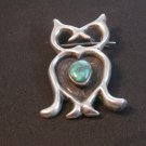 Vintage Sandcast Native American Silver Turquoise Owl Brooch