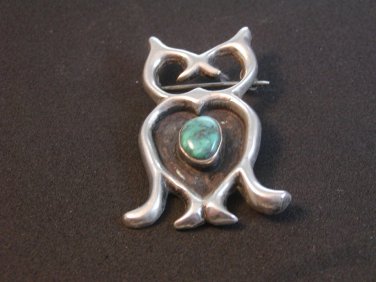 Vintage Sandcast Native American Silver Turquoise Owl Brooch