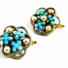 Ladies True Vintage Silvertone Faux Pearls Blue Flowers Cufflinks Unmarked
