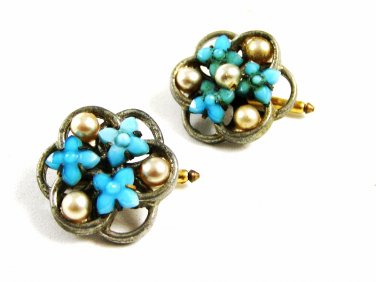 Ladies True Vintage Silvertone Faux Pearls Blue Flowers Cufflinks Unmarked
