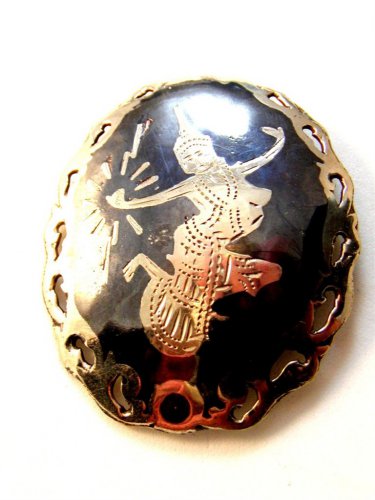 Vintage Siam Sterling Black Niello Enamel Dancer Brooch de
