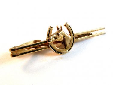 1940's - 1960's Gold Tone Horse Head Horseshoe Tie Clasp by Hickok U.S.A.