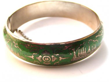 Vintage Siam Sterling Silver Light Green Niello Enamel Bangle Bracelet
