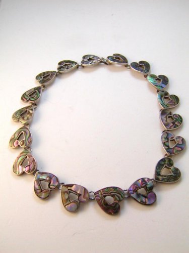 Vintage Sterling Silver & Abalone 18 Heart Necklace