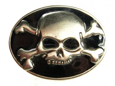 Vintage Silvertone & Black Skull & Cross Bones Belt Buckle Unbranded 62915