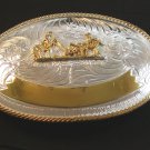 Western Silver & Gold 2 Tone Rodeo Cowboy Calf Roping Belt Buckle by Justin