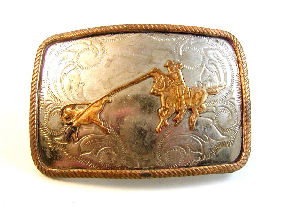 Vintage German Silver Calf Roping Western Cowboy Belt Buckle