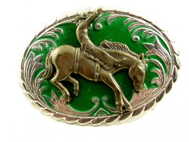 Western Silvertone Green Cowboy on Broncho Belt Buckle #102113s