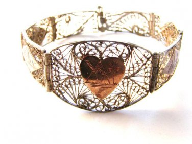Sterling Silver Filigree 2 Tone Egyptian Revival Heart Bracelet