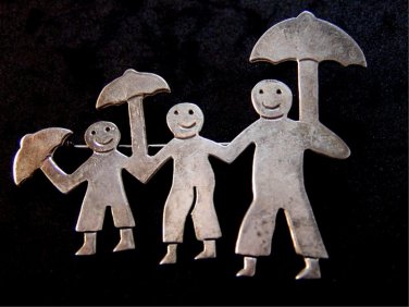 Vintage Taxco Mexican Dad Kids Boy Girl Mom Smiles Umbrellas Brooch