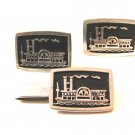 Unsigned Vintage Silver Tone Steamboat Cufflinks & Tie Clasp