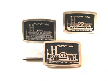 Unsigned Vintage Silver Tone Steamboat Cufflinks & Tie Clasp