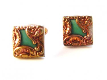 Vintage Deco Gold Tone Green Celluloid Cuff Links