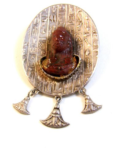 Vintage Egyptian Heiroglyphics & 3 Inverted Lotus Blossoms Brooch