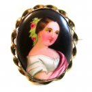 Vintage Hand Painted Porcelain Lady w/ Roses in Her Hair Brooch LImoges France