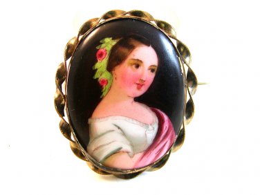 Vintage Hand Painted Porcelain Lady w/ Roses in Her Hair Brooch LImoges France