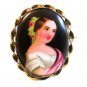 Vintage Hand Painted Porcelain Lady w/ Roses in Her Hair Brooch LImoges France