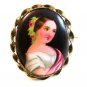 Vintage Hand Painted Porcelain Lady w/ Roses in Her Hair Brooch LImoges France