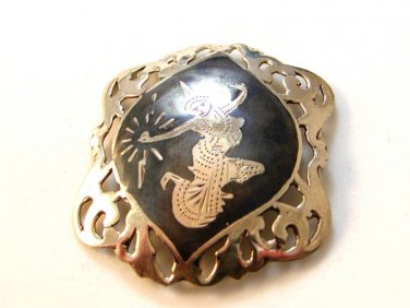Vintage Siam Sterling Black Niello Enamel Dancer  Brooch bc