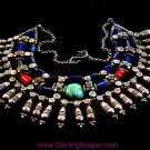Vintage Egyptian Tribal Sterling Silver Turquoise Lapis Coral Necklace Choker 16