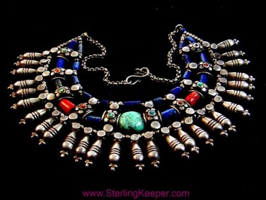 Vintage Egyptian Tribal Sterling Silver Turquoise Lapis Coral Necklace Choker 16