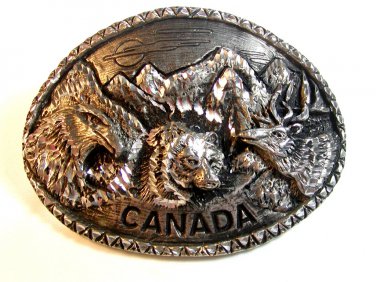 Vintage 1997 Silver Tone Canada Bear Eagle Moose Belt Buckle