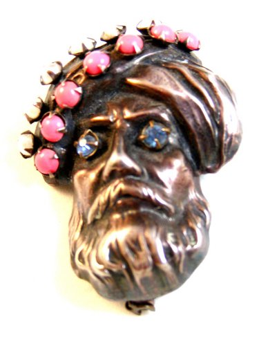 Vintage Sterling Silver & Pearls & Coral & Blue Topaz Ali Baba Brooch