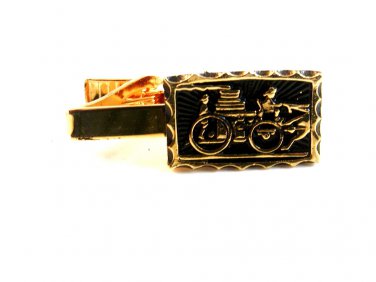 Vintage Gold Tone & Black Antique Fire Wagon Tie Clasp