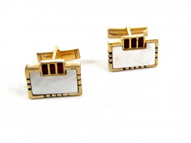 1950's Silvertone Red Rhinestones & Faux Mother of Pearl Cufflinks Not Signed