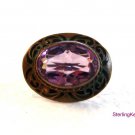 Victorian Gold or Brass Tone Black Enamel Amythest Brooch