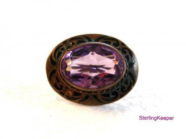 Victorian Gold or Brass Tone Black Enamel Amythest Brooch