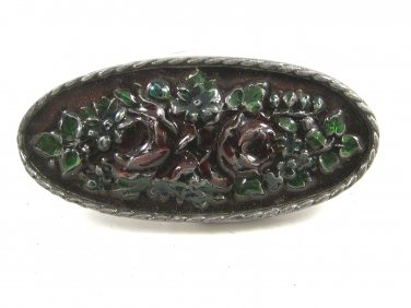 Ladies True Red Rose Green Enameled Vintage Belt Buckle Unmarked 100114
