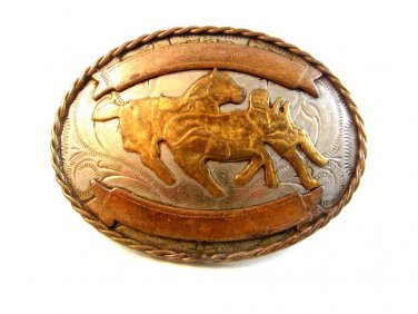 Vintage Nickel Silver Western Rodeo Cowboy Calf Roping Belt Buckle