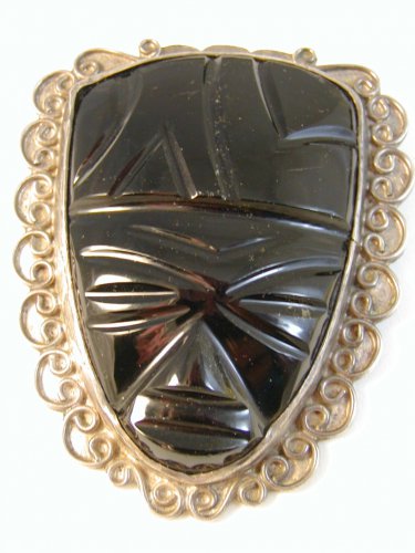 Huge Mexican Sterling Silver & Black Onyx Mayan Face Brooch