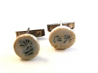 Vintage Chinese Writing Porcelian Sterling Silver Cufflinks