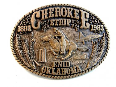 Vintage Cherokee Strip 1893 - 1993 Enid Oklahoma Brass Belt Buckle by ADM