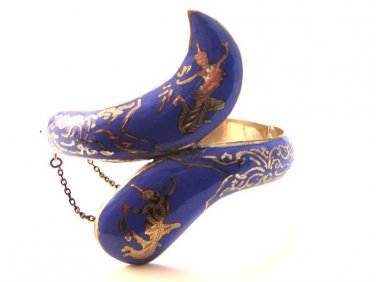 Vintage Siam Sterling Dark Blue Niello Dancer Bracelet Snake