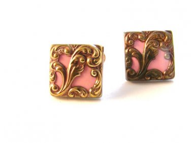 Vintage Deco Gold Tone Pink Celluloid Bakelite Cuff Links