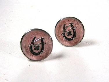 1950's Lucky Horse Shoe Clover Wish Bone Pink Silvertone Cufflinks Unbranded