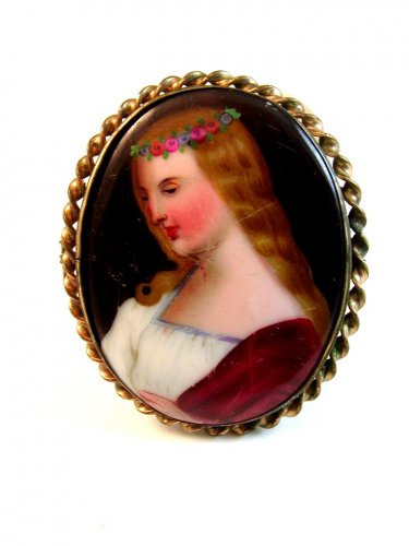 Vintage Hand Painted Porcelain Young Lady w/ Roses Wreath in Her Hair Brooch