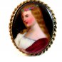 Vintage Hand Painted Porcelain Young Lady w/ Roses Wreath in Her Hair Brooch