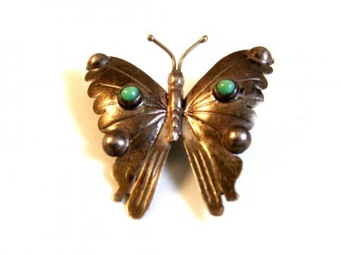 Signed Vintage Mexican Sterling Silver Turquoise Butterfly Brooch