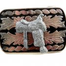 Made in USA Western Silvertone Black Cowboy Saddle Belt Buckle #102113