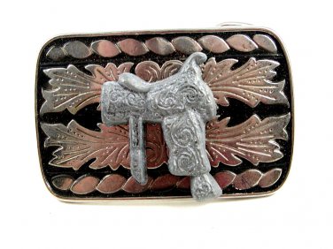 Made in USA Western Silvertone Black Cowboy Saddle Belt Buckle #102113
