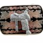Made in USA Western Silvertone Black Cowboy Saddle Belt Buckle #102113