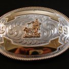 1999 Western Silver & Gold 2 Tone Rodeo Cowboy Calf Roping Belt Buckle by Justin
