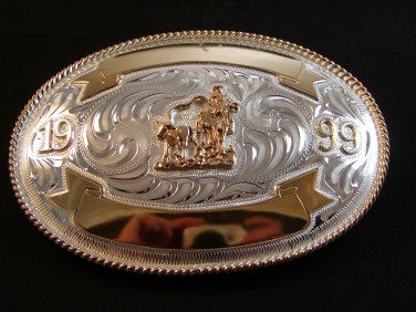 1999 Western Silver & Gold 2 Tone Rodeo Cowboy Calf Roping Belt Buckle by Justin