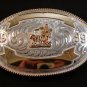 1999 Western Silver & Gold 2 Tone Rodeo Cowboy Calf Roping Belt Buckle by Justin