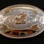 1999 Western Silver & Gold 2 Tone Rodeo Cowboy Calf Roping Belt Buckle by Justin
