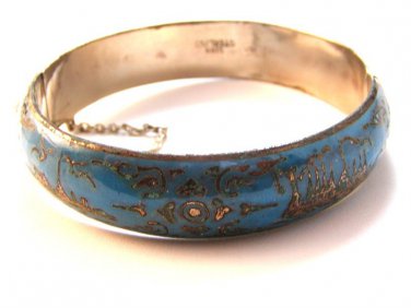 Vintage Siam Sterling Blue Niello City In A Boat Bangle Bracelet